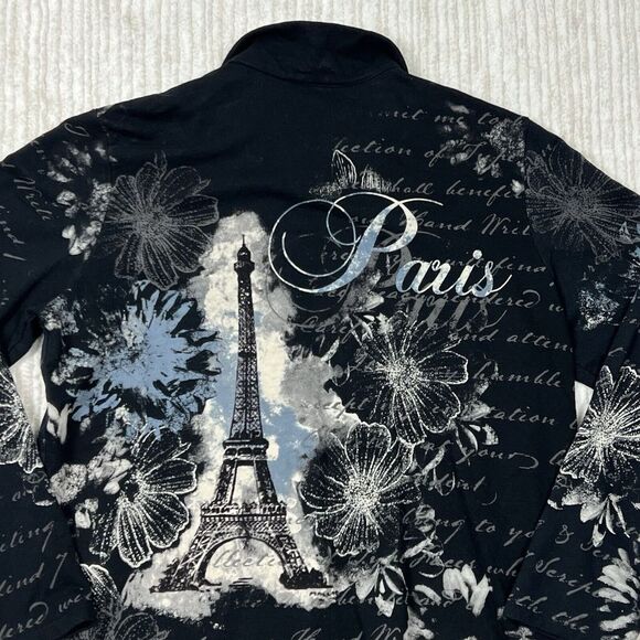 VINTAGE Jess & Jane Black Graphic Paris Crystal Rhinestone Sweatshirt Zip XL - Picture 4 of 7